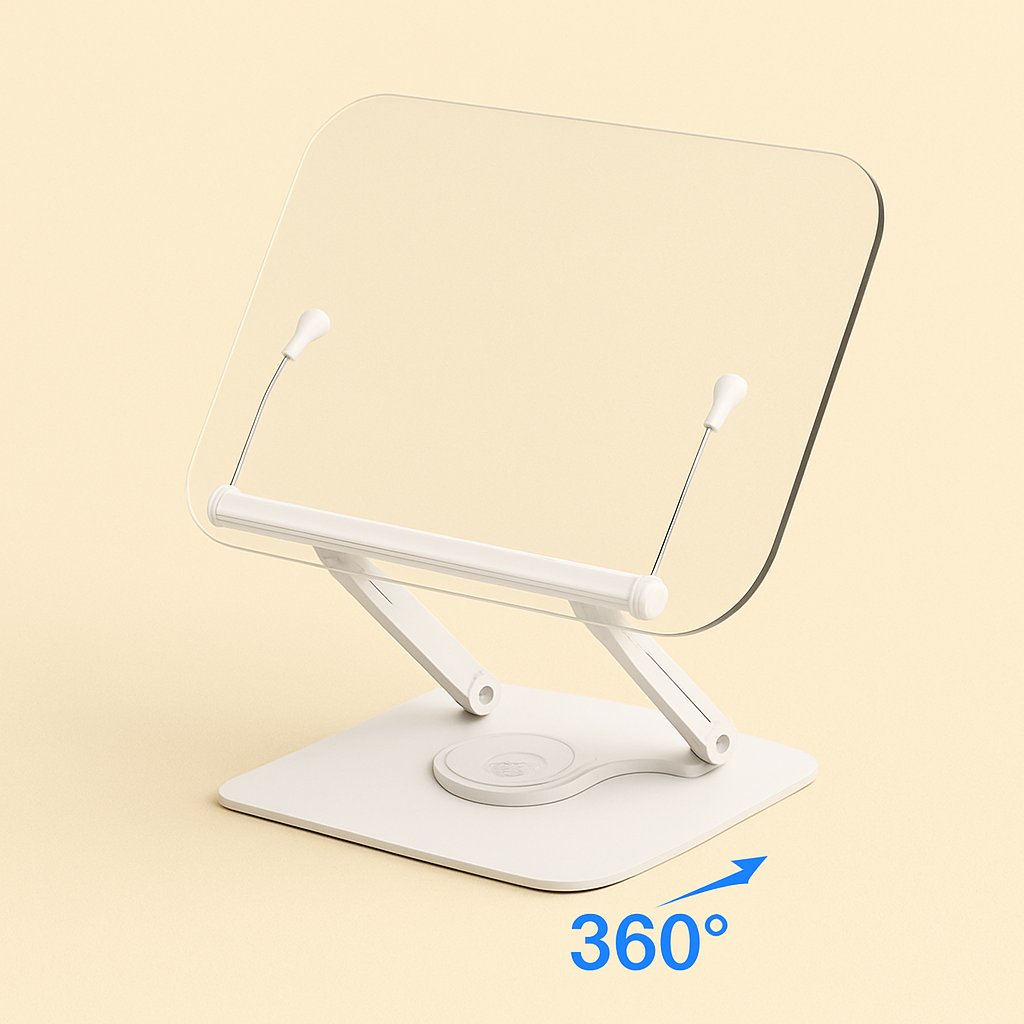 NovaBlk Acrylic Book Stand for Reading Adjustable Book Holder with 360° Rotating Base Elastic Page Clips Foldable Laptop Stand