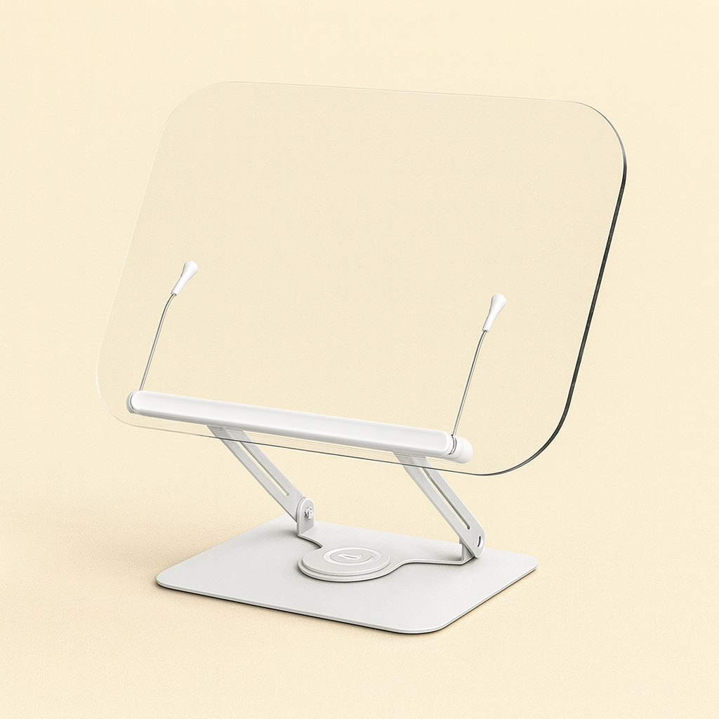 NovaBlk Acrylic Book Stand for Reading Adjustable Book Holder with 360° Rotating Base Elastic Page Clips Foldable Laptop Stand