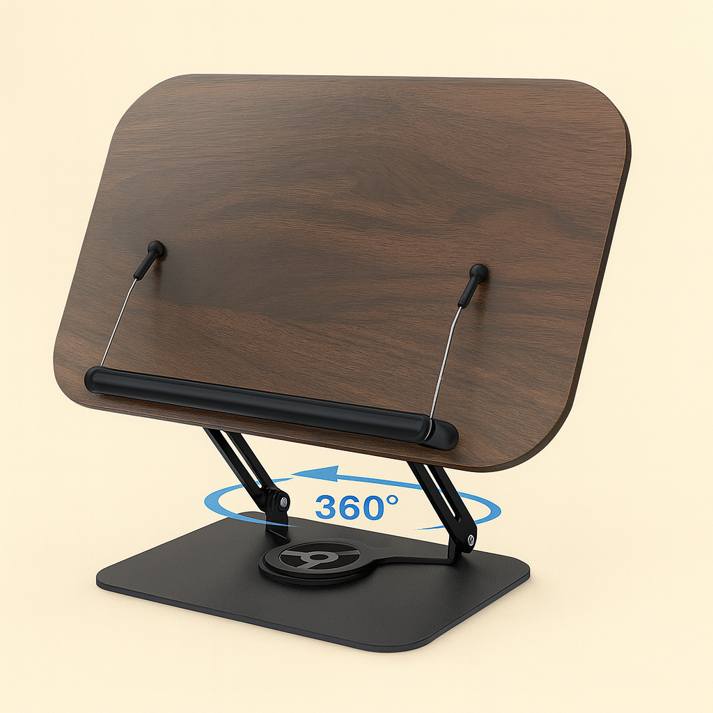 NovaBlk Acrylic Book Stand for Reading Adjustable Book Holder with 360° Rotating Base Elastic Page Clips Foldable Laptop Stand