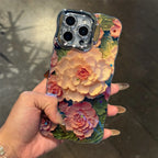 Pink Cute Oil Painting  Flowers Phone Case for iPhone 16 15 Pro Max 14 13 12 11 XS Max XR Flower Diamond Reflective Cover