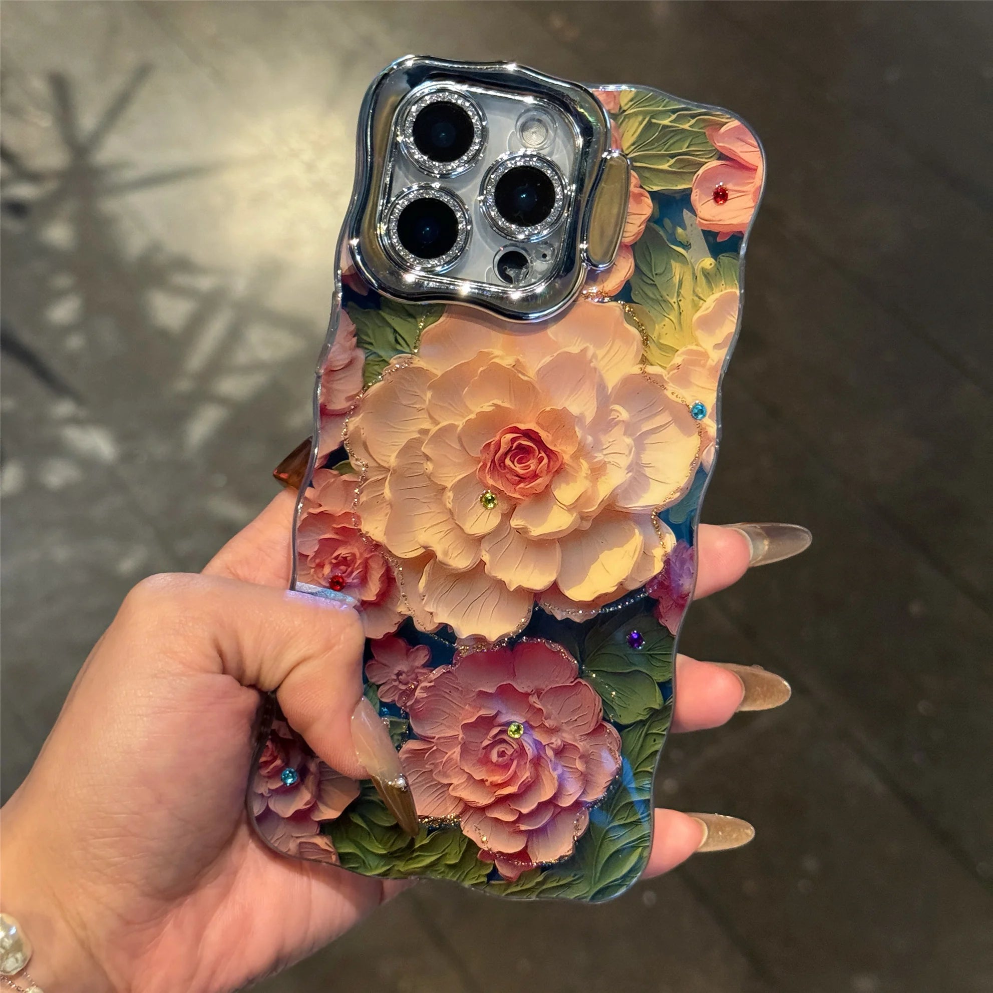 Pink Cute Oil Painting  Flowers Phone Case for iPhone 16 15 Pro Max 14 13 12 11 XS Max XR Flower Diamond Reflective Cover