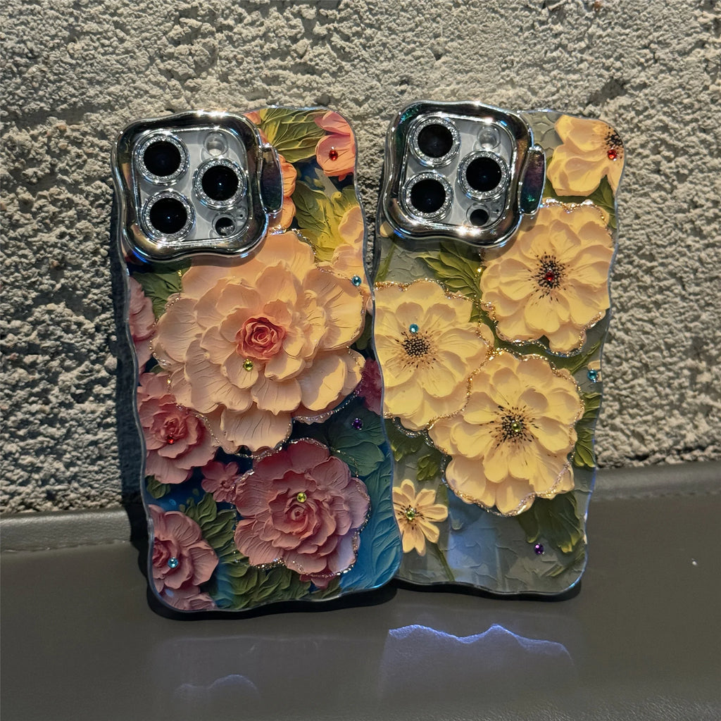 Pink Cute Oil Painting  Flowers Phone Case for iPhone 16 15 Pro Max 14 13 12 11 XS Max XR Flower Diamond Reflective Cover