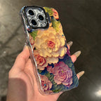 Pink Cute Oil Painting  Flowers Phone Case for iPhone 16 15 Pro Max 14 13 12 11 XS Max XR Flower Diamond Reflective Cover