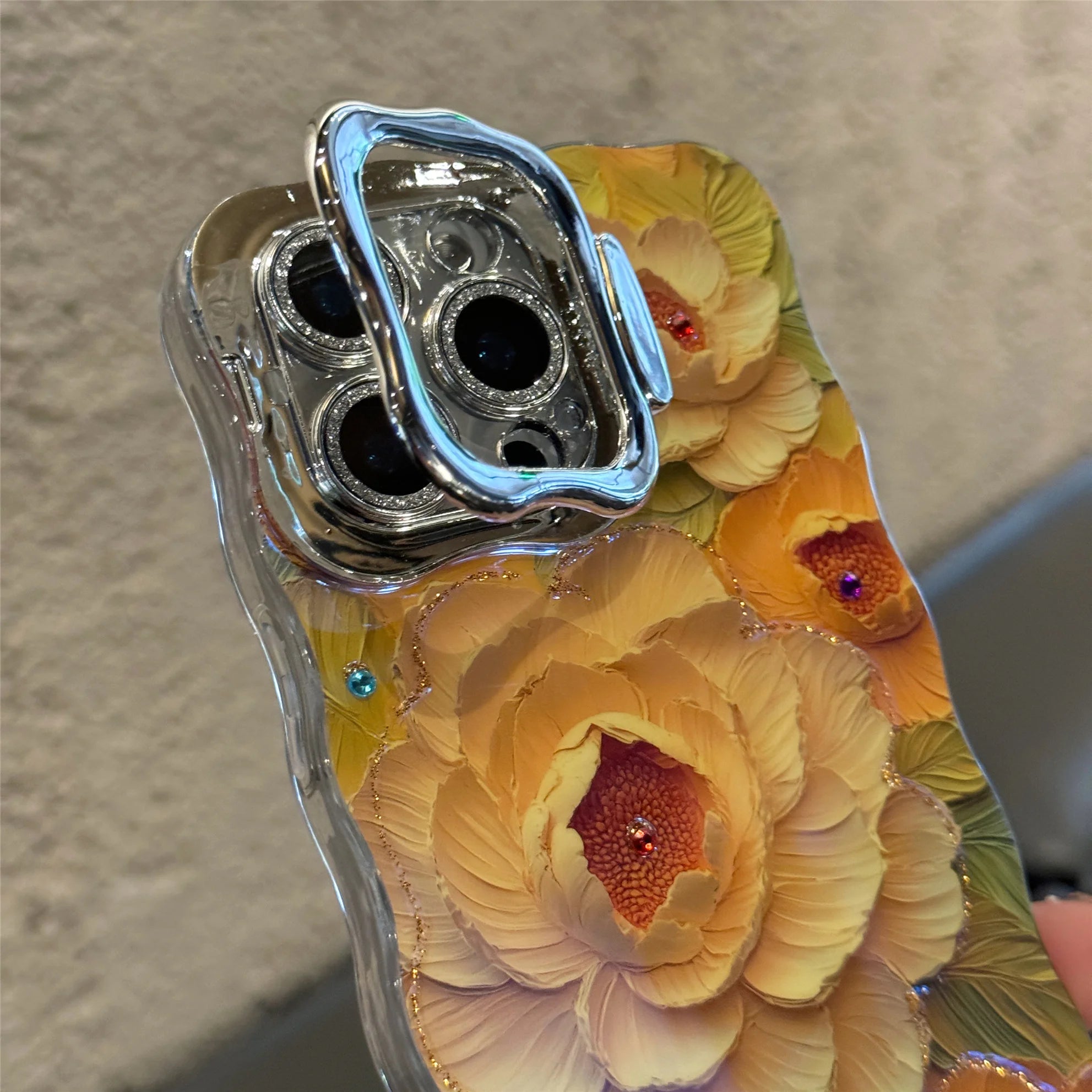 Pink Cute Oil Painting  Flowers Phone Case for iPhone 16 15 Pro Max 14 13 12 11 XS Max XR Flower Diamond Reflective Cover