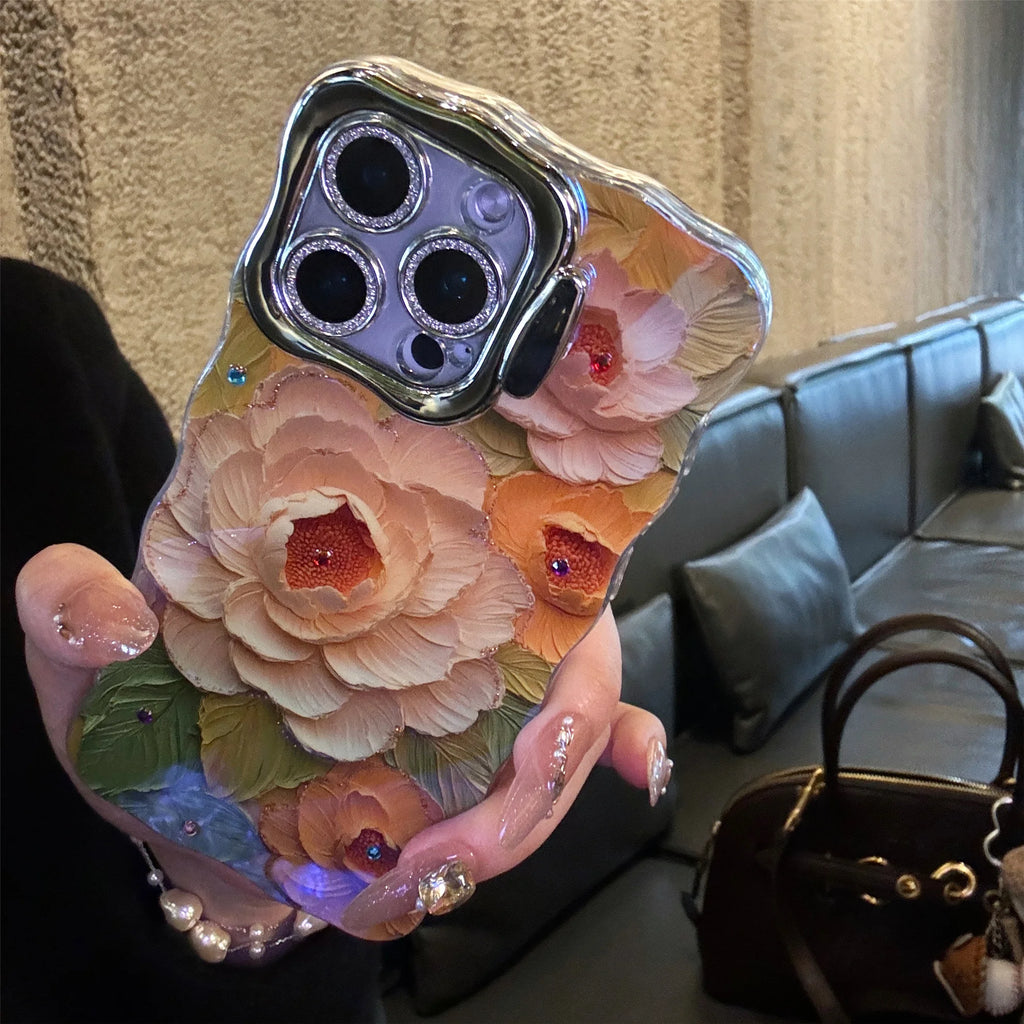 Pink Cute Oil Painting  Flowers Phone Case for iPhone 16 15 Pro Max 14 13 12 11 XS Max XR Flower Diamond Reflective Cover
