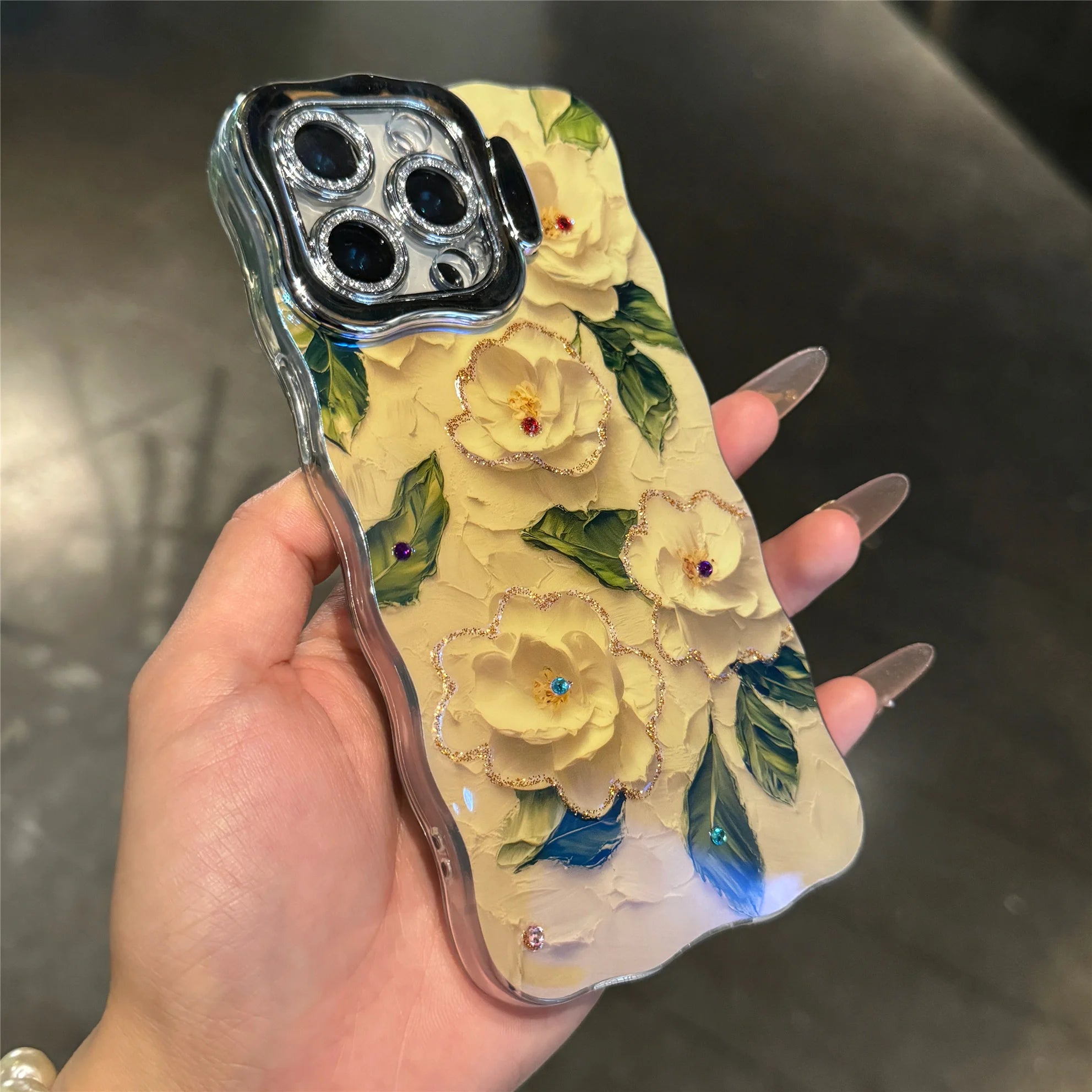 Pink Cute Oil Painting  Flowers Phone Case for iPhone 16 15 Pro Max 14 13 12 11 XS Max XR Flower Diamond Reflective Cover