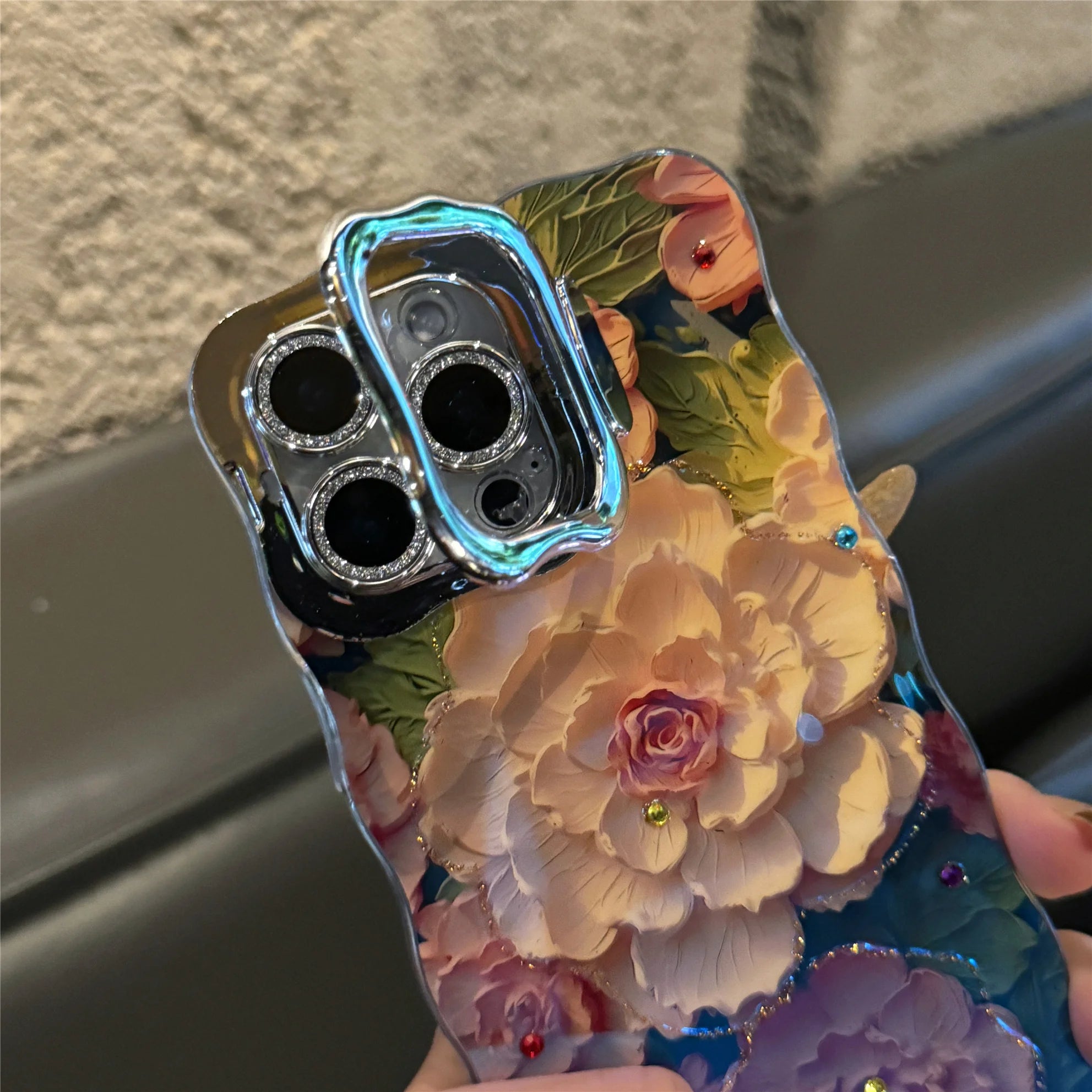 Pink Cute Oil Painting  Flowers Phone Case for iPhone 16 15 Pro Max 14 13 12 11 XS Max XR Flower Diamond Reflective Cover