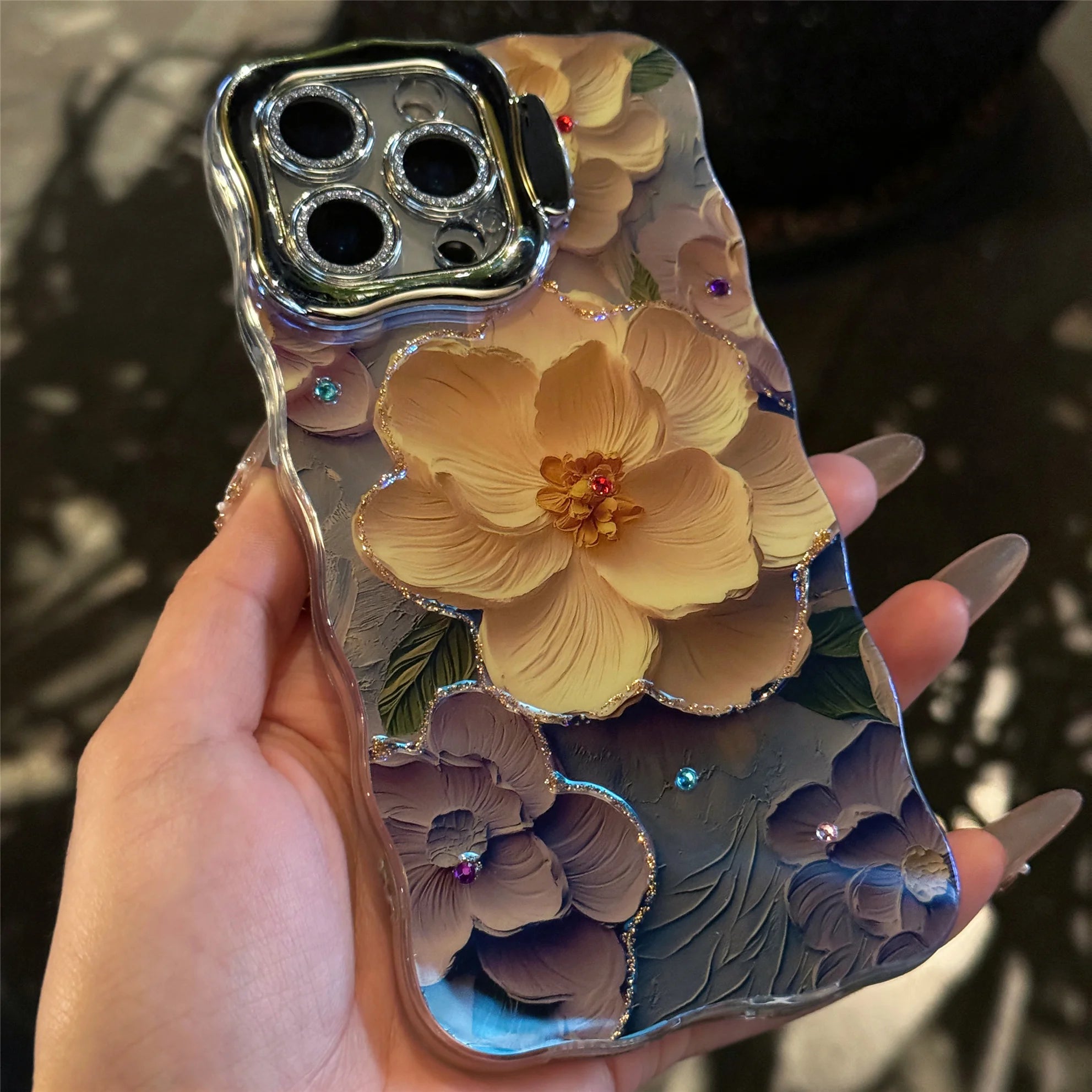 Pink Cute Oil Painting  Flowers Phone Case for iPhone 16 15 Pro Max 14 13 12 11 XS Max XR Flower Diamond Reflective Cover