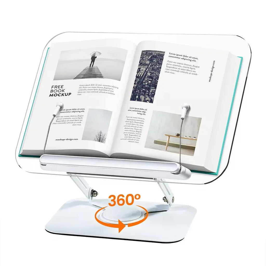 Acrylic Book Stand for Reading Adjustable Book Holder with 360° Rotating Base Elastic Page Clips Foldable Laptop Stand