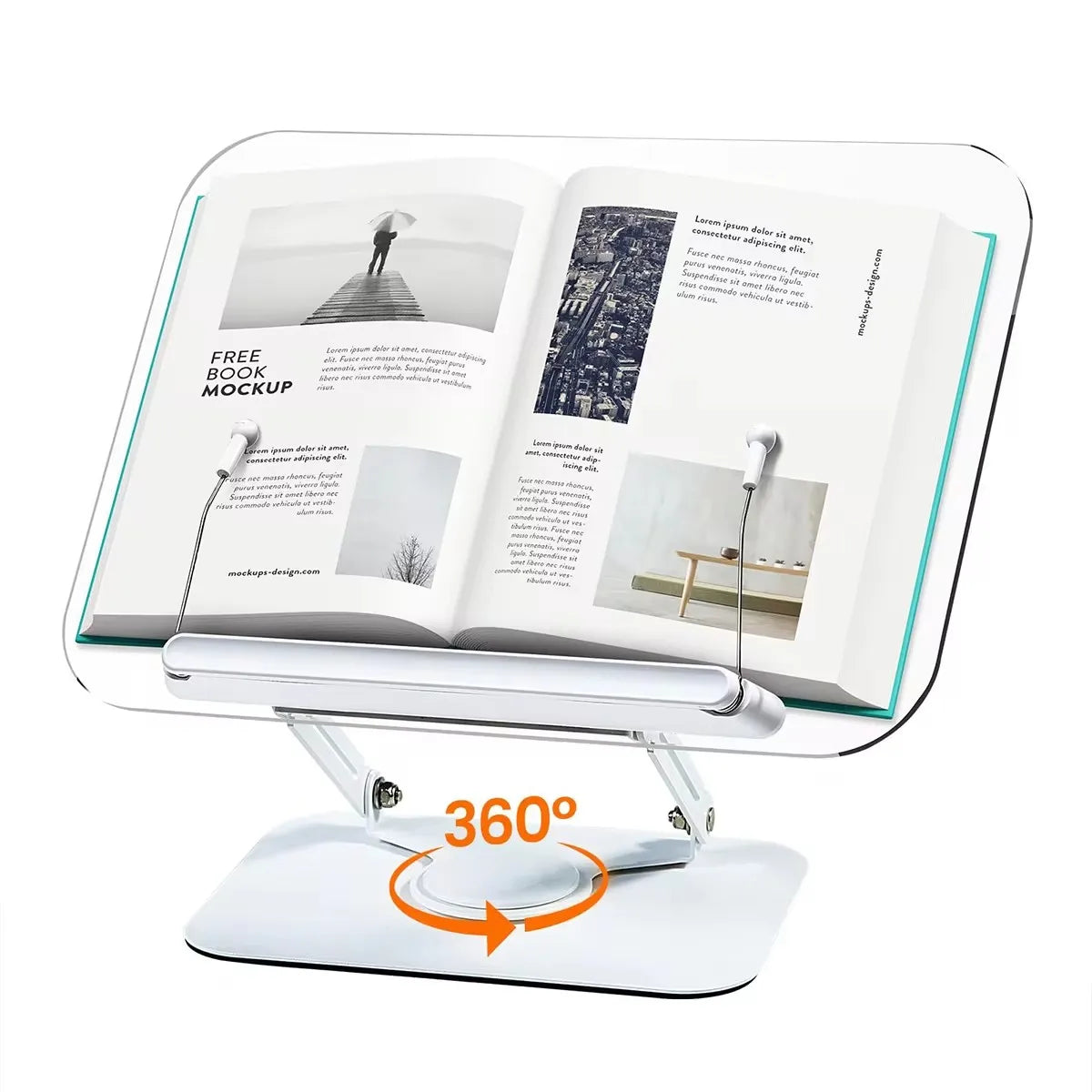 Acrylic Book Stand for Reading Adjustable Book Holder with 360° Rotating Base Elastic Page Clips Foldable Laptop Stand