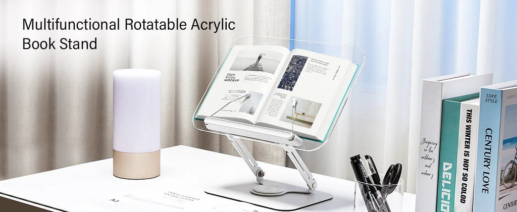 Acrylic Book Stand for Reading Adjustable Book Holder with 360° Rotating Base Elastic Page Clips Foldable Laptop Stand