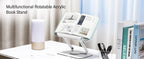 Acrylic Book Stand for Reading Adjustable Book Holder with 360° Rotating Base Elastic Page Clips Foldable Laptop Stand