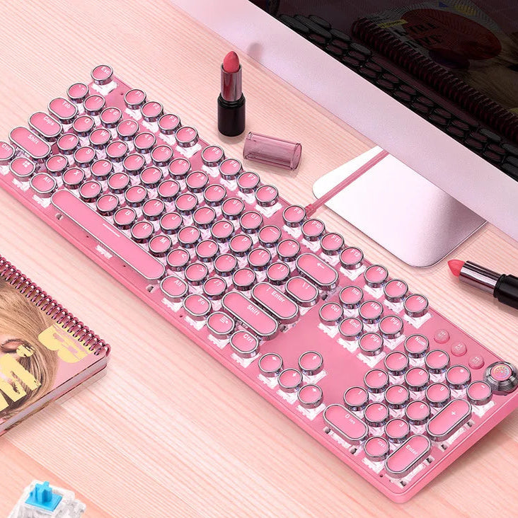 New Real mechanical keyboard, green axis, girls' internet, pink, blue, round key game, punk mechanical keyboard
