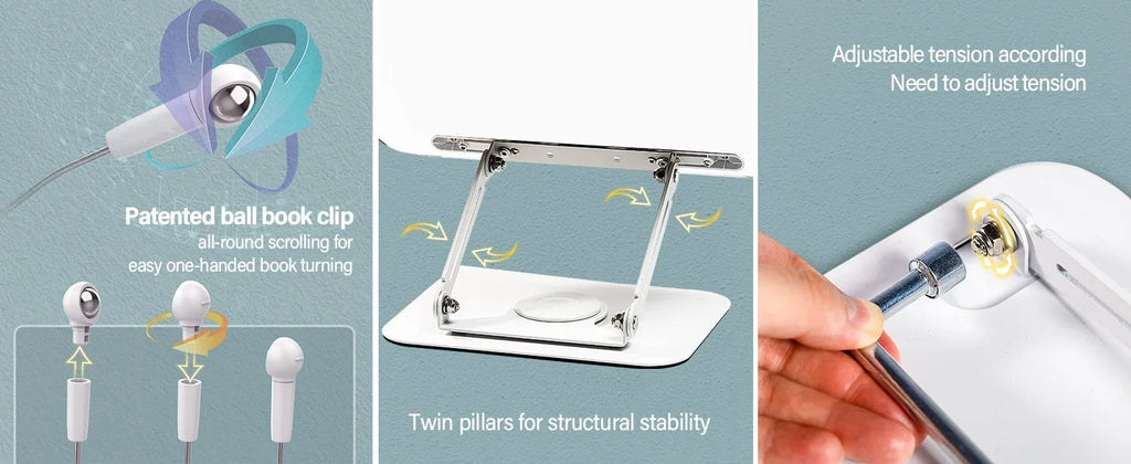 Acrylic Book Stand for Reading Adjustable Book Holder with 360° Rotating Base Elastic Page Clips Foldable Laptop Stand