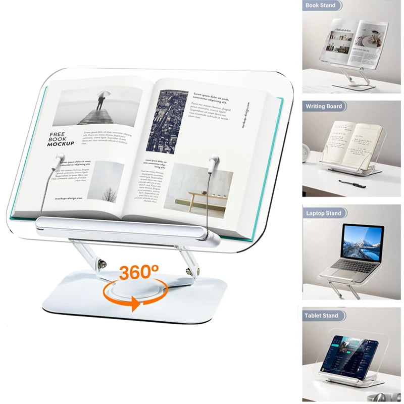 Acrylic Book Stand for Reading Adjustable Book Holder with 360° Rotating Base Elastic Page Clips Foldable Laptop Stand