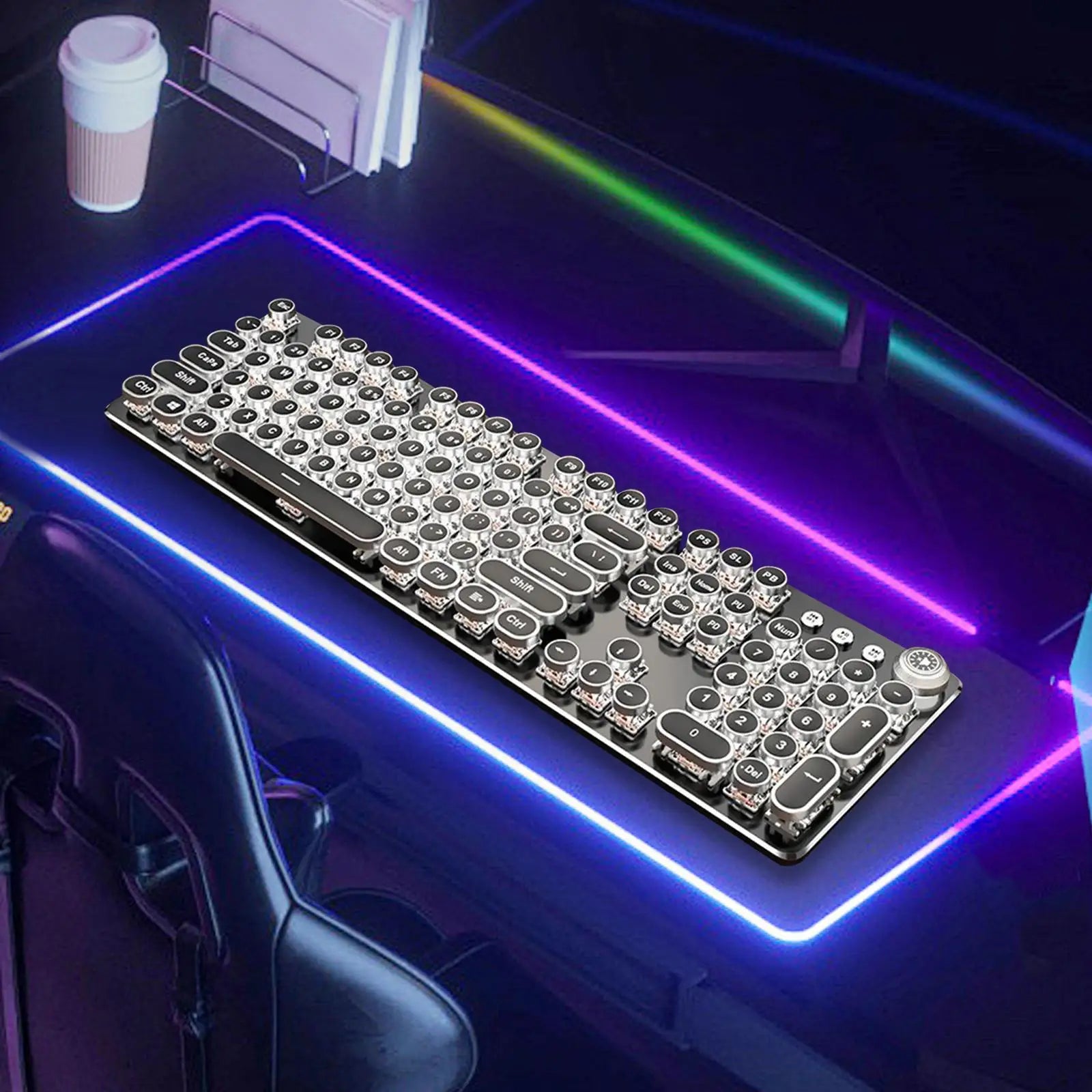 Mechanical Gaming Keyboard USB Wired Keyboard Steampunk Keyboard Black Switch Retro Punk 104 Key Round Keycaps for PC Office