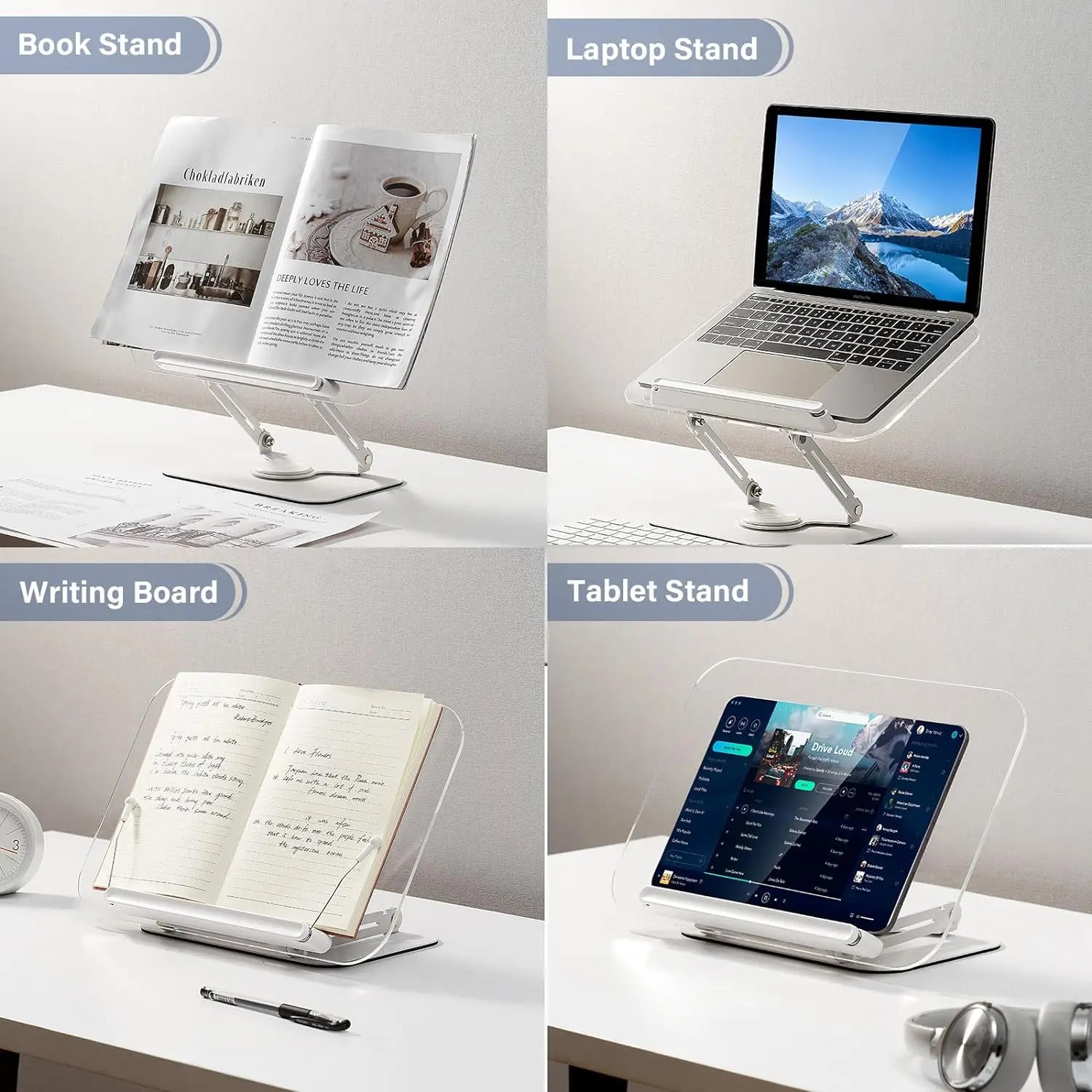 Acrylic Book Stand for Reading Adjustable Book Holder with 360° Rotating Base Elastic Page Clips Foldable Laptop Stand