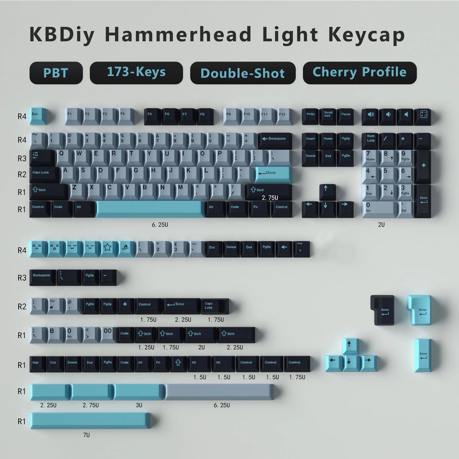KBDiy 176 Keys Caps GMK Blue Samurai Keycap Cherry Profile Double Shot PBT for Mechanical Gaming Keyboard Retro ISO 7U Space Bar