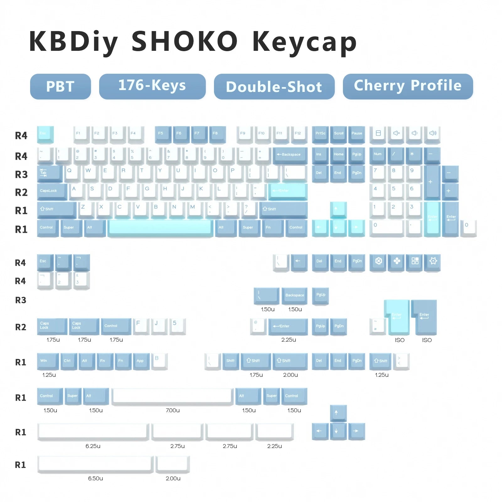 KBDiy 176 Keys Caps GMK Blue Samurai Keycap Cherry Profile Double Shot PBT for Mechanical Gaming Keyboard Retro ISO 7U Space Bar