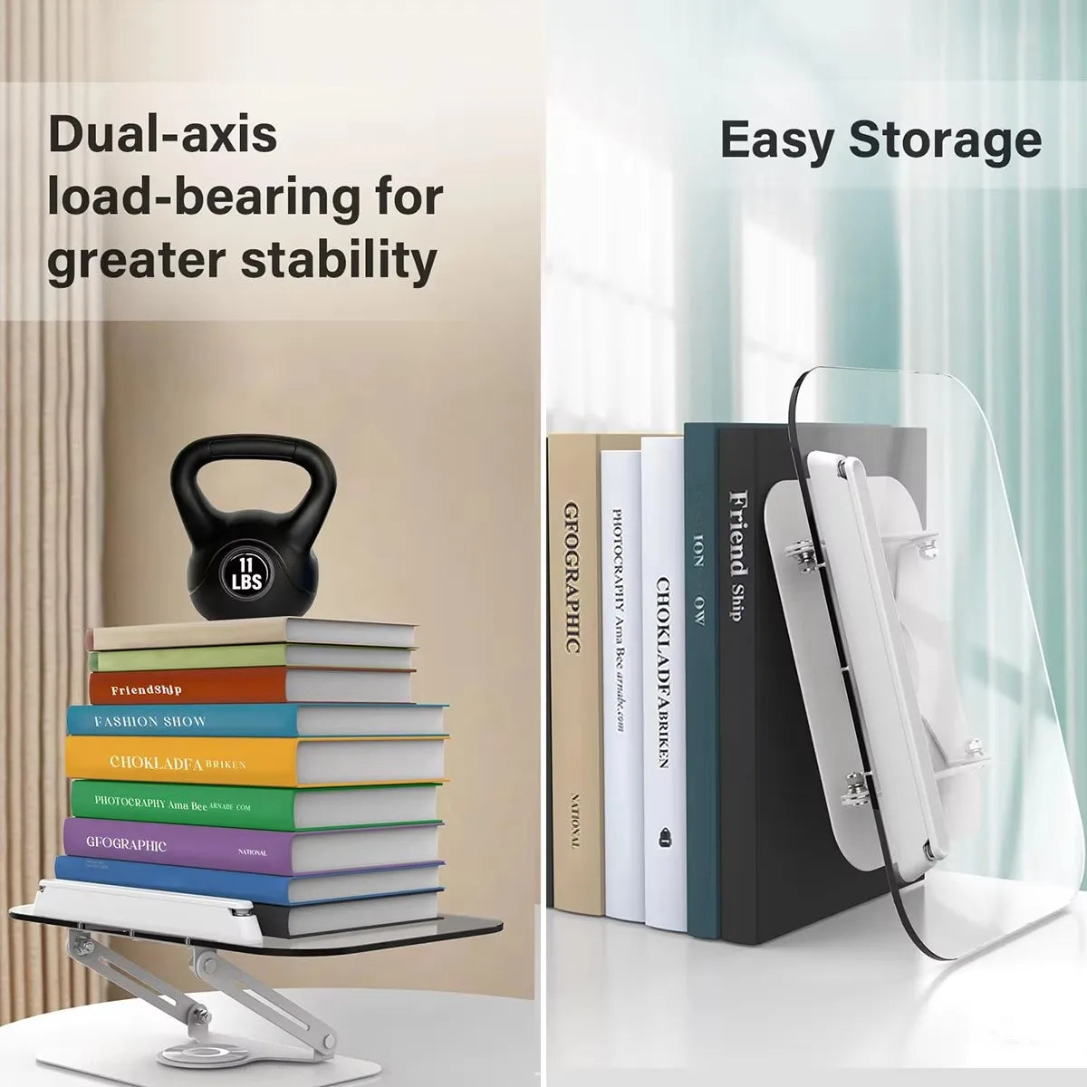 Acrylic Book Stand for Reading Adjustable Book Holder with 360° Rotating Base Elastic Page Clips Foldable Laptop Stand
