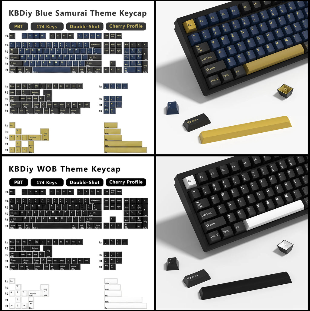 KBDiy 176 Keys Caps GMK Blue Samurai Keycap Cherry Profile Double Shot PBT for Mechanical Gaming Keyboard Retro ISO 7U Space Bar