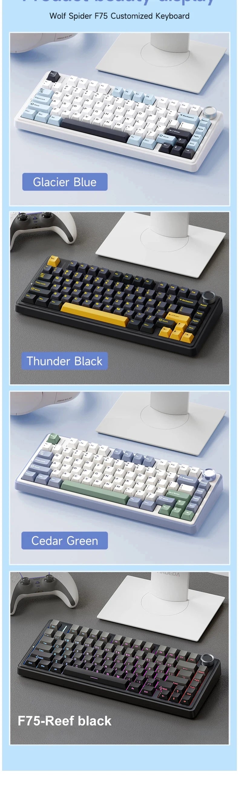 AULA F75 2.4G Wireless/Bluetooth/Wired Gaming Mechanical Keyboard RGB Customized 75% Layout OEM Profile Gasket Structure