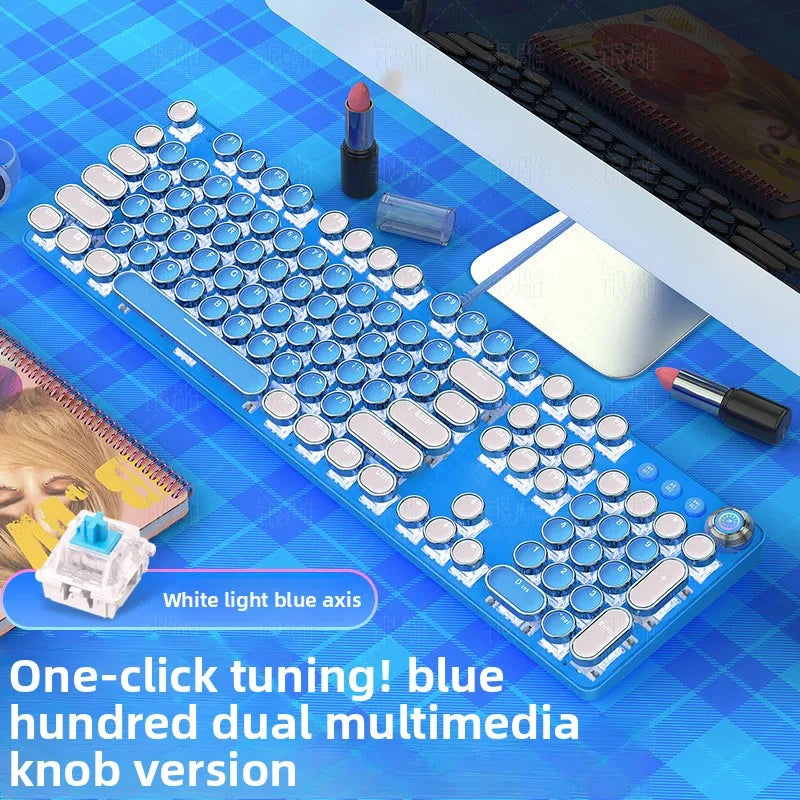 New Real mechanical keyboard, green axis, girls' internet, pink, blue, round key game, punk mechanical keyboard
