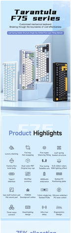 AULA F75 2.4G Wireless/Bluetooth/Wired Gaming Mechanical Keyboard RGB Customized 75% Layout OEM Profile Gasket Structure