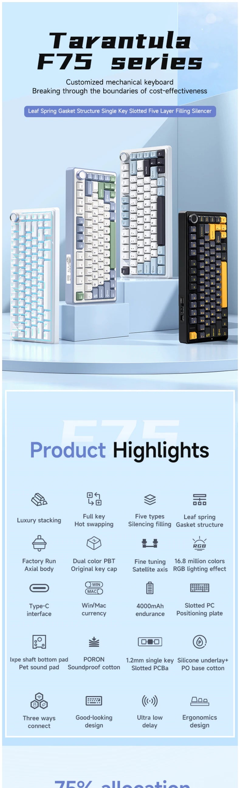 AULA F75 2.4G Wireless/Bluetooth/Wired Gaming Mechanical Keyboard RGB Customized 75% Layout OEM Profile Gasket Structure