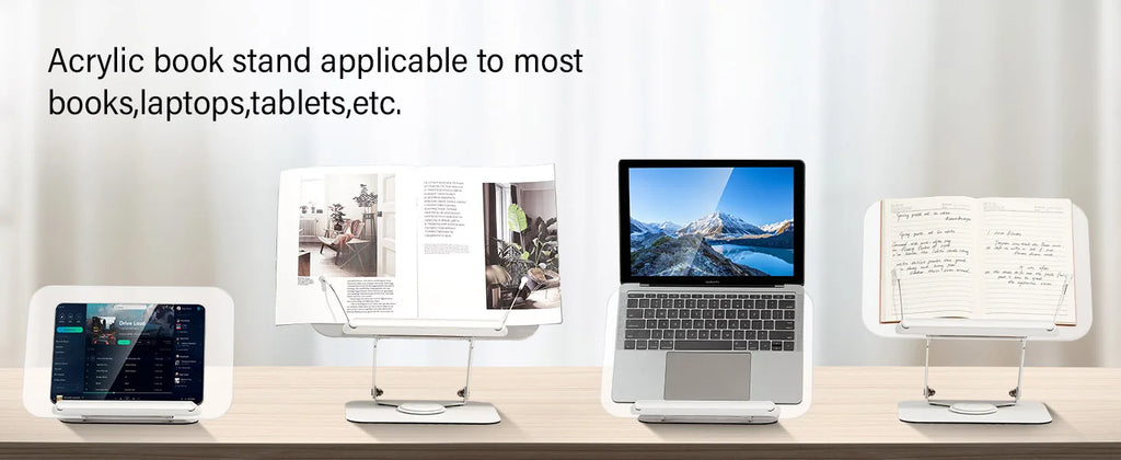 Acrylic Book Stand for Reading Adjustable Book Holder with 360° Rotating Base Elastic Page Clips Foldable Laptop Stand
