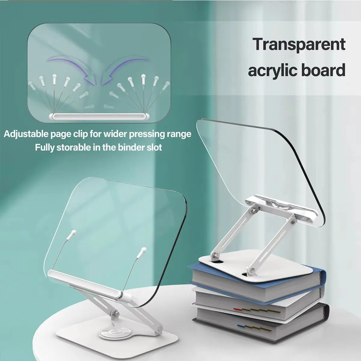 Acrylic Book Stand for Reading Adjustable Book Holder with 360° Rotating Base Elastic Page Clips Foldable Laptop Stand