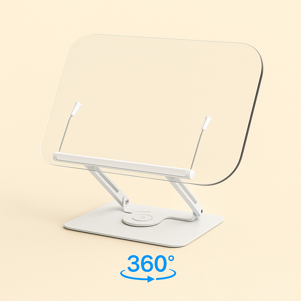 NovaBlk Acrylic Book Stand for Reading Adjustable Book Holder with 360° Rotating Base Elastic Page Clips Foldable Laptop Stand